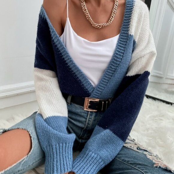 SHADES OF BLUE COLOR BLOCK CARDIGAN WINTER FALL - Picture 7 of 7